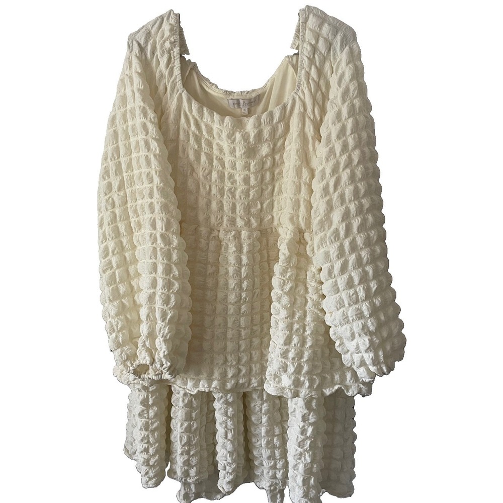 Simply Southern Bubble Dress M Cream Textured Ruffle Puff Sleeve Swing